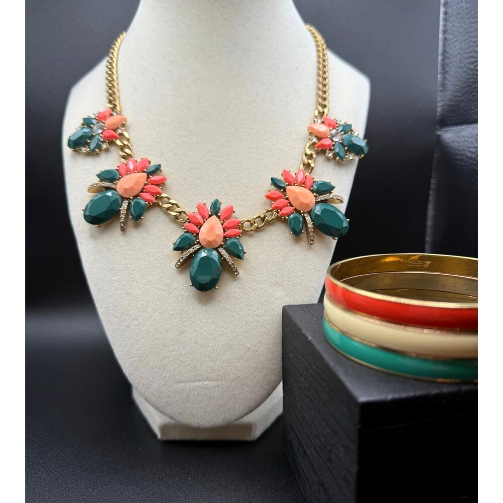 J Crew Signed Statement Necklace and Enameled Bangles